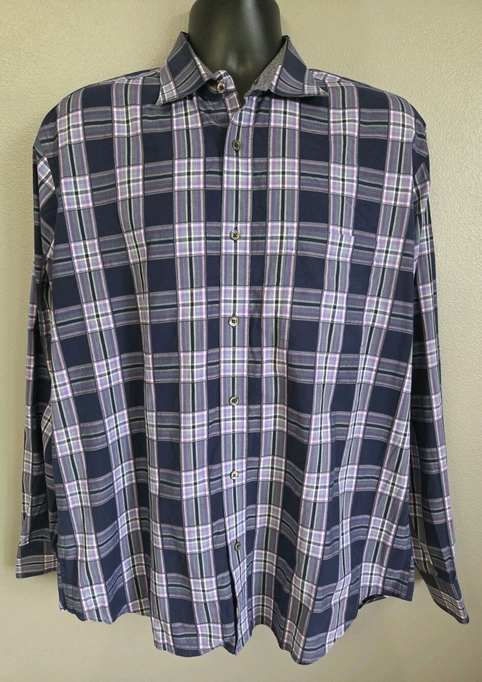 Bugatchi | Size L | Classic Fit Long Sleeve Plaid Shirt Cotton Navy Purple Men's